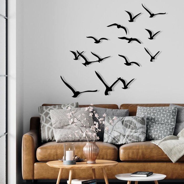 Wallity Migration - Escultura de pared de metal con 11 pájaros negros